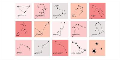 constelaciones, colección de 14 signos del zodiaco con títulos. aries, tauro, leo, géminis, virgo, escorpio, libra, acuario, sagitario, piscis, capricornio, cáncer. vector, aislado sobre fondo blanco vector