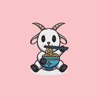 Cute goat eating ramen cartoon illustration vector