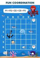 Education game for children draw the way according to the coordinates to help octopus move to the coral printable underwater worksheet vector