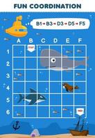 Education game for children draw the way according to the coordinates to help submarine move to the wrecked ship printable underwater worksheet vector