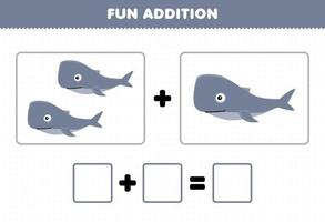 Education game for children fun addition by counting cute cartoon whale pictures printable underwater worksheet vector
