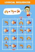 Education game for children logical sequence help diver sort crab shrimp and fish from start to finish printable underwater worksheet vector