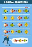 juego educativo para niños secuencia lógica ayuda a narval a clasificar peces de principio a fin hoja de trabajo subacuática imprimible vector