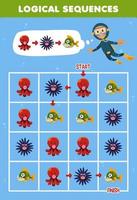 Education game for children logical sequence help diver sort octopus urchin and piranha from start to finish printable underwater worksheet vector