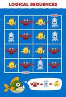 juego educativo para niños secuencia lógica ayuda a la piraña a clasificar cangrejos, calamares y peces de principio a fin hoja de trabajo subacuática imprimible vector