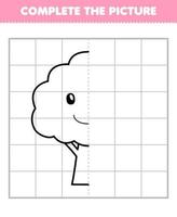 Education game for children complete the picture of cute cartoon tree half outline for drawing printable nature worksheet vector