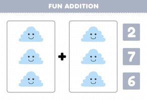 Education game for children fun addition by count and choose the correct answer of cute cartoon cloud printable nature worksheet vector
