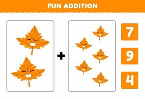 Education game for children fun addition by count and choose the correct answer of cute cartoon leaf printable nature worksheet vector