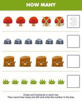 Education game for children count how many cute cartoon mushroom stone wood log grass and write the number in the box printable nature worksheet vector