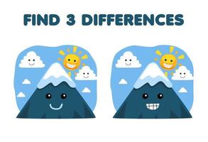 Education game for children find three differences between two cute cartoon mountain with sun and cloud printable nature worksheet vector