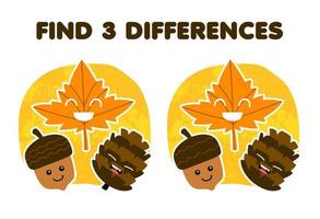 Education game for children find three differences between two cute cartoon maple leaf acorn and pinecone printable nature worksheet vector