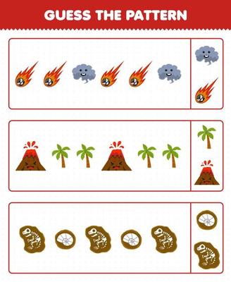 Education game for children guess the pattern each row from cute cartoon meteor smoke volcano tree fossil printable nature worksheet