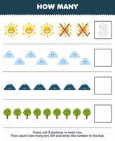 juego educativo para niños cuente cuántos lindos dibujos animados sol nube montaña árbol y escriba el número en el cuadro hoja de trabajo de naturaleza imprimible vector