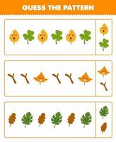 Education game for children guess the pattern each row from cute cartoon leaf and branch printable nature worksheet vector