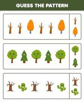 Education game for children guess the pattern each row from cute cartoon tree printable nature worksheet vector