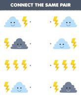 Education game for children connect the same picture of cute cartoon cloud and thunder pair printable nature worksheet vector