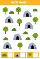 juego educativo para niños que buscan y cuentan cuántos objetos de dibujos animados lindos arbusto cueva y árbol hoja de trabajo de naturaleza imprimible vector