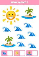 Education game for children searching and counting how many objects of cute cartoon wave sun and island printable nature worksheet vector