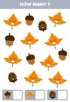 Education game for children searching and counting how many objects of cute cartoon acorn maple leaf and pinecone printable nature worksheet vector