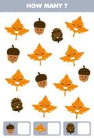 Education game for children searching and counting how many objects of cute cartoon acorn maple leaf and pinecone printable nature worksheet vector