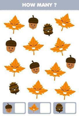 Education game for children searching and counting how many objects of cute cartoon acorn maple leaf and pinecone printable nature worksheet