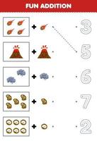 Education game for children fun counting and add one more cartoon meteor mountain smoke fossil then choose the correct number nature worksheet vector
