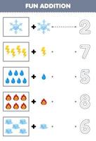 Education game for children fun counting and add one more cartoon snowflake thunder water fire ice then choose the correct number nature worksheet vector