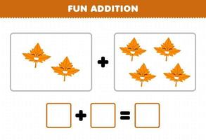 Education game for children fun addition by counting cute cartoon maple leaf pictures printable nature worksheet vector