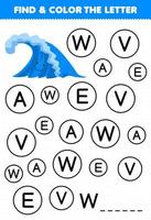 Education game for children find and color letter W for wave printable nature worksheet vector