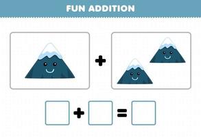 Education game for children fun addition by counting cute cartoon mountain pictures printable nature worksheet vector