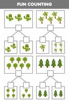 Education game for children fun counting picture in each box of cute cartoon tree printable nature worksheet vector