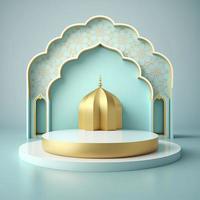 Islamic theme product display background in 3d rendering illustration design, Mosque portal frame with podium or stage and empty space. photo