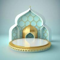 Islamic theme product display background in 3d rendering illustration design, Mosque portal frame with podium or stage and empty space. photo