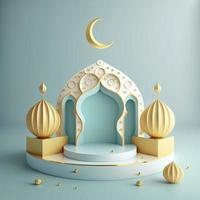 Islamic theme product display background in 3d rendering illustration design, Mosque portal frame with podium or stage and empty space. photo