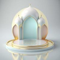 Islamic ramadan podium background of futuristic and modern 3d realistic mosque with scene and stage for product display photo