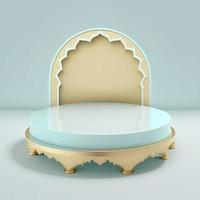 Islamic theme product display background in 3d rendering illustration design, Mosque portal frame with podium or stage and empty space. photo