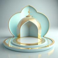 Islamic ramadan podium background of futuristic and modern 3d realistic mosque with scene and stage for product display photo
