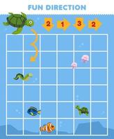 Education game for children fun direction help cute cartoon turtle move according to the numbers on the arrows printable underwater worksheet vector