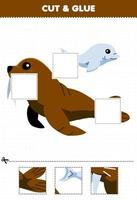Education game for children cut and glue cut parts of cute cartoon walrus and glue them printable underwater worksheet vector