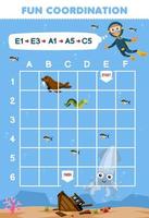 Education game for children draw the way according to the coordinates to help diver move to the wrecked ship printable underwater worksheet vector