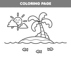 juego educativo para niños página para colorear de isla de dibujos animados lindo y hoja de trabajo de naturaleza imprimible de arte de línea de sol vector