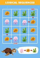 Education game for children logical sequence help turtle sort jellyfish shell and seaweed from start to finish printable underwater worksheet vector