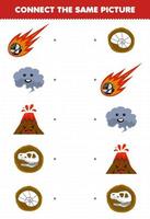 Education game for children connect the same picture of cartoon meteor smoke volcano fossil printable nature worksheet vector