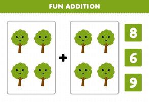 Education game for children fun addition by count and choose the correct answer of cute cartoon tree printable nature worksheet vector
