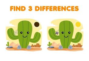 juego educativo para niños encuentra tres diferencias entre dos lindos cactus de dibujos animados en la hoja de trabajo de naturaleza imprimible del desierto vector