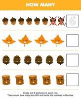 Education game for children count how many cute cartoon acorn maple leaf pinecone wood log and write the number in the box printable nature worksheet vector