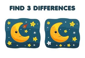 Education game for children find three differences between two cute cartoon night sky with star and moon printable nature worksheet vector