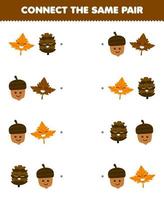 Education game for children connect the same picture of cute cartoon maple leaf acorn and pinecone pair printable nature worksheet vector