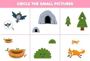 Education game for children circle the small picture of cute cartoon bird nest cave bush tree fox printable nature worksheet vector