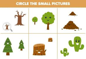 juego educativo para niños encierra en un círculo la imagen pequeña de un árbol de dibujos animados lindo tronco de madera cactus suelo hoja de trabajo de naturaleza imprimible vector